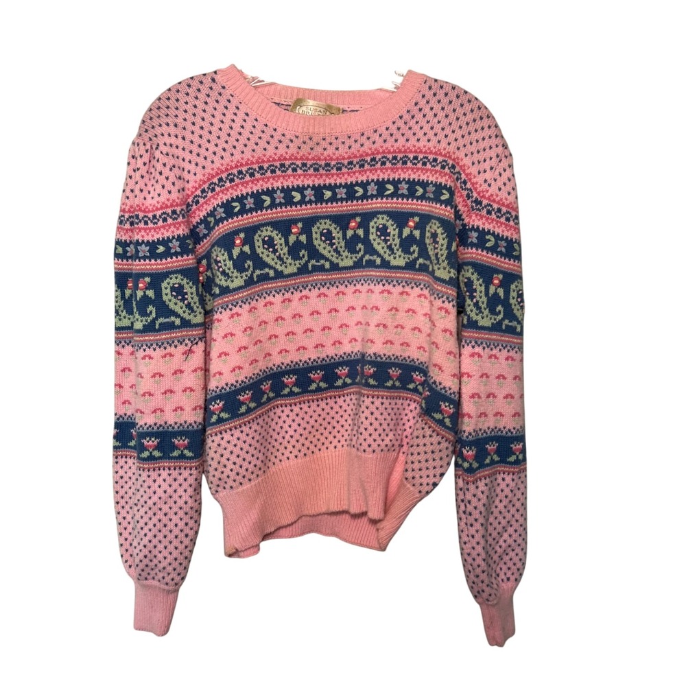 Susan Bristol Pink Sweater Womens Medium Vintage 1990s Girly Floral Cozy Prairie